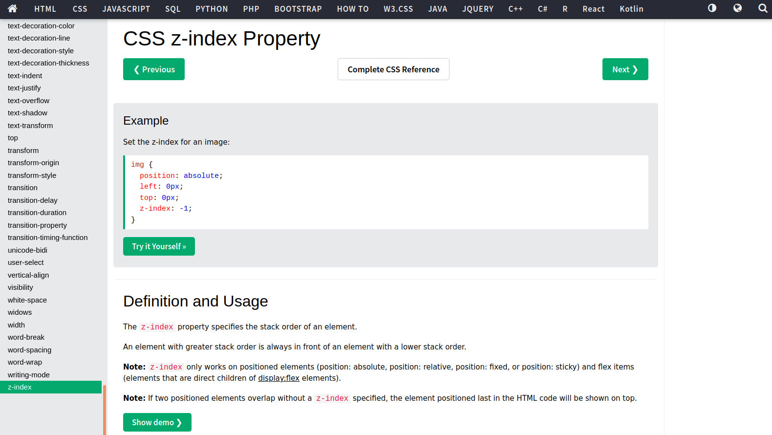 Css z-index property