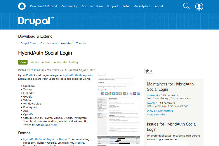 Use the Drupal module "HybridAuth Social Login" for social media user login & registration