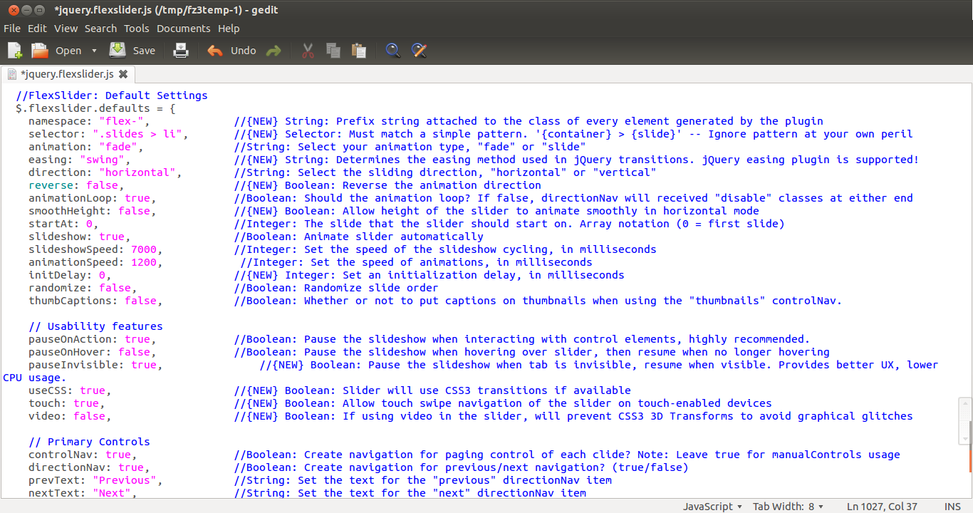 Howto change the (default) settings of the Drupal Felxslider (jquery.flexslider.js)