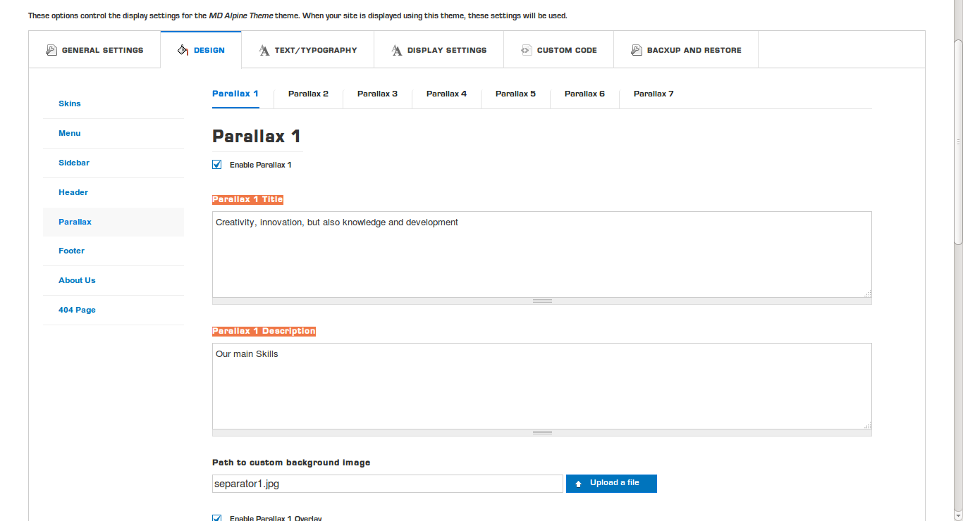 Drupal MD Alpine theme: How to increase the length of the title and description field of the Parallax