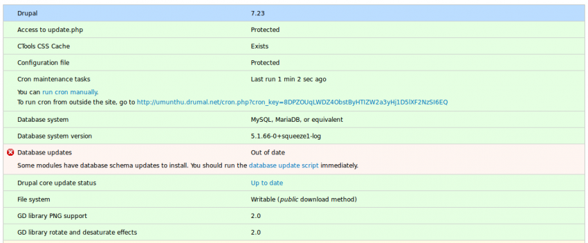 Status message Drupal database update script